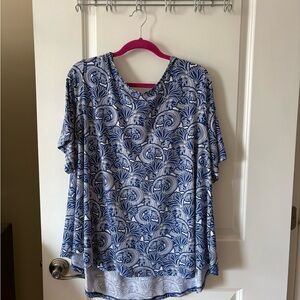 Blue and White Printed Women's Top - Relaxed Fit
